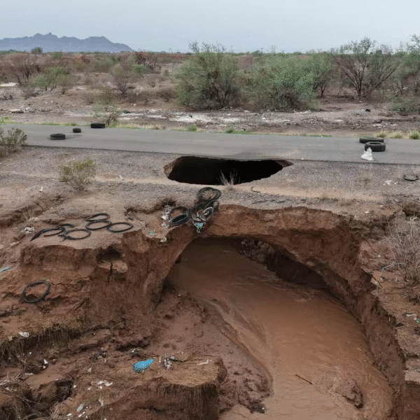 Socavón en Calle 0 Sur: agua debilita vialidad rumbo a Bahía de Kino