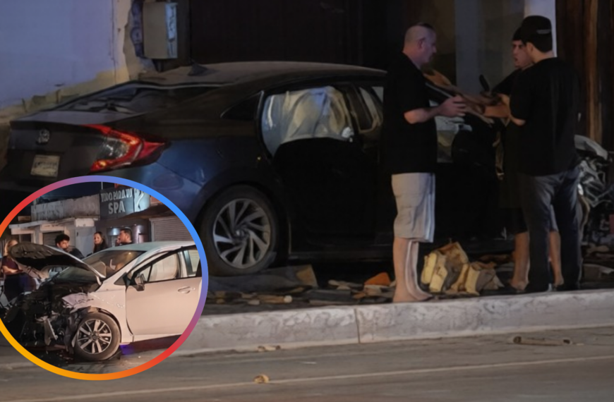 Fuerte choque en Navojoa termina con auto incrustado en bar